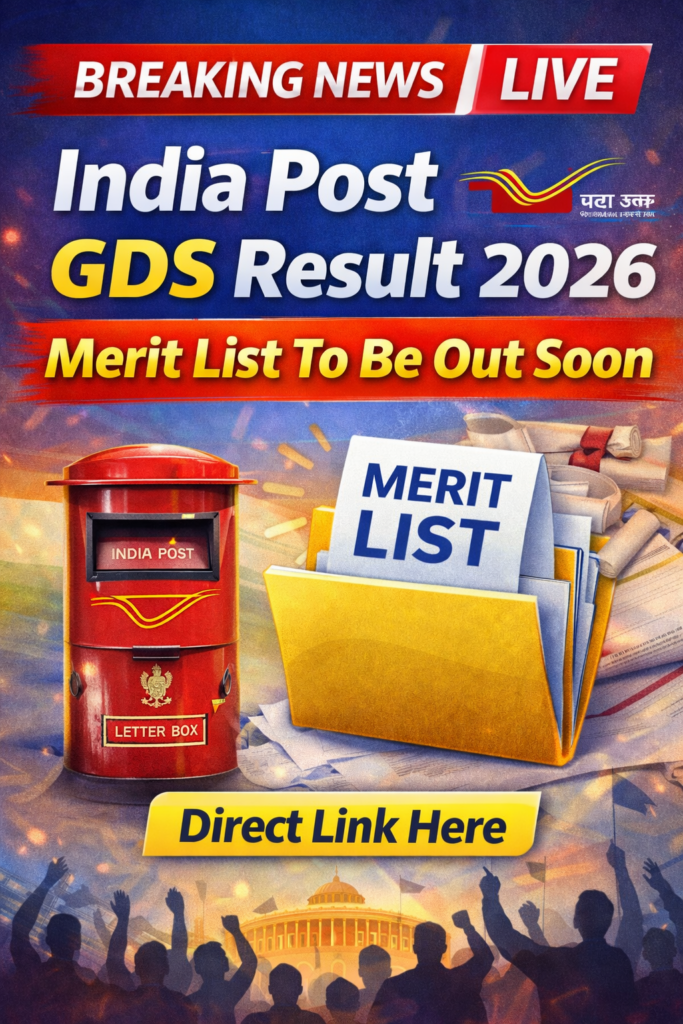 India Post GDS Result 2026 Live thumbnail showing merit list release update, India Post letter box and direct link button