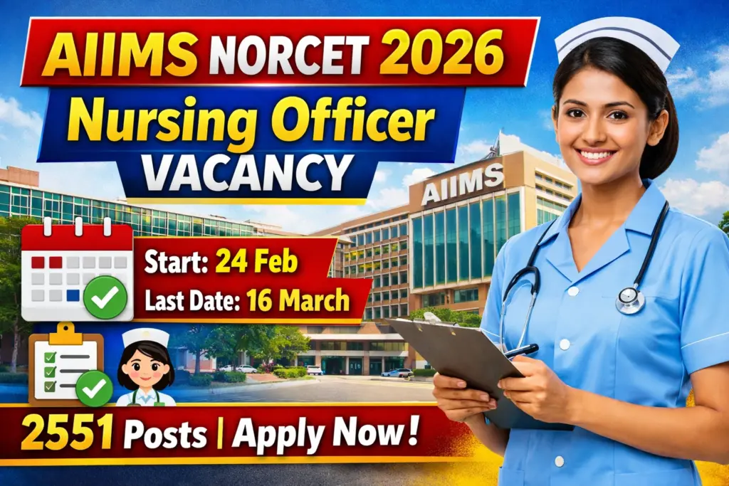 AIIMS NORCET 10th Nursing Officer Recruitment 2026 YouTube thumbnail showing 2551 posts, application start date 24 Feb, last date 16 March, with nurse holding clipboard and AIIMS building in background