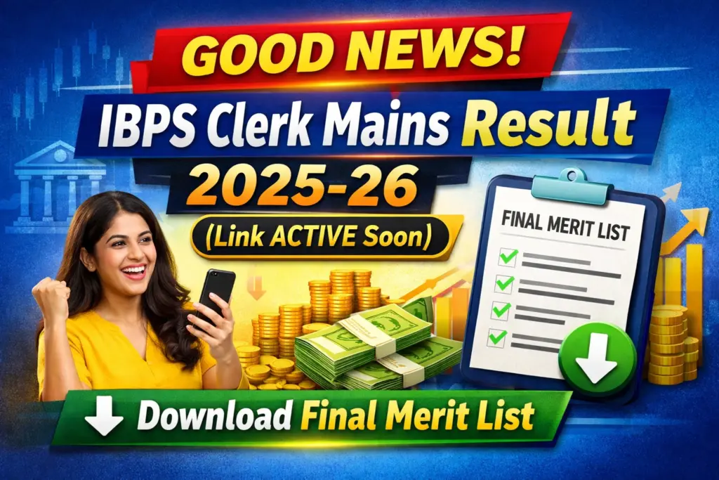 IBPS Clerk Mains Result 2025-26 thumbnail showing “GOOD NEWS” banner, final merit list clipboard, download button, and banking theme background.