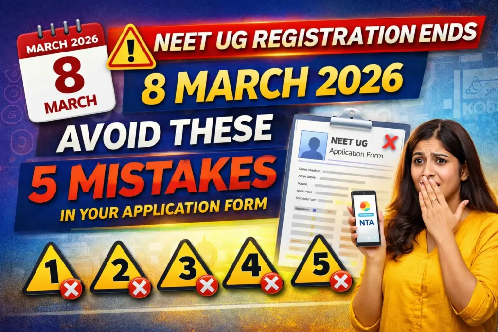 NEET UG 2026 registration deadline 8 March banner showing warning sign, application form graphic, and text about avoiding 5 mistakes in application form.