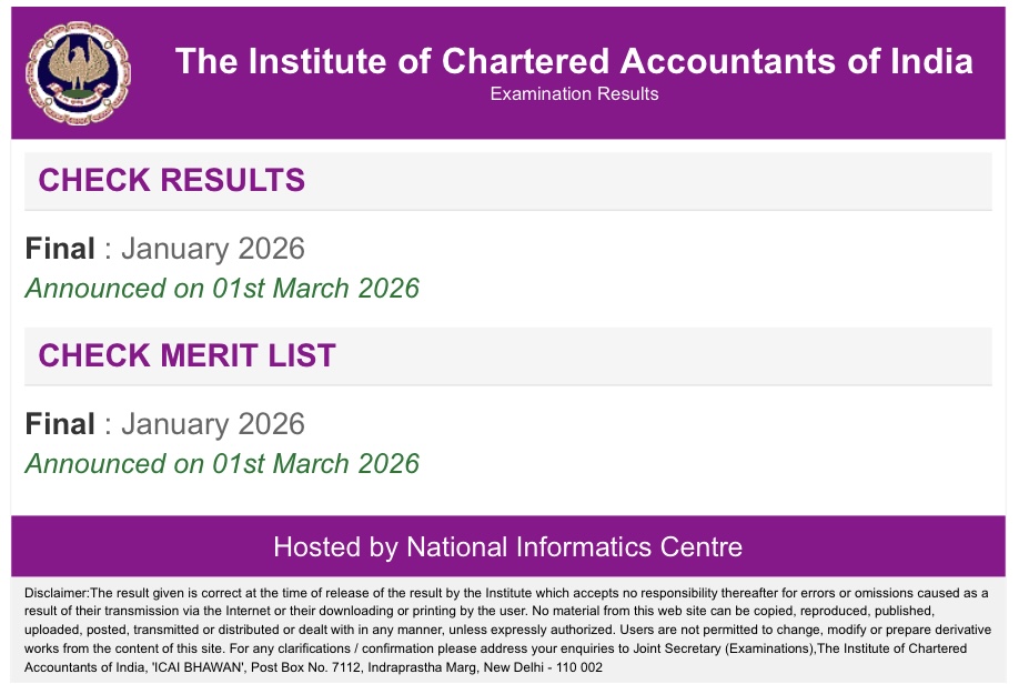 ICAI CA Final Result 2026 announcement banner showing January session result release, official website links, and merit list update.